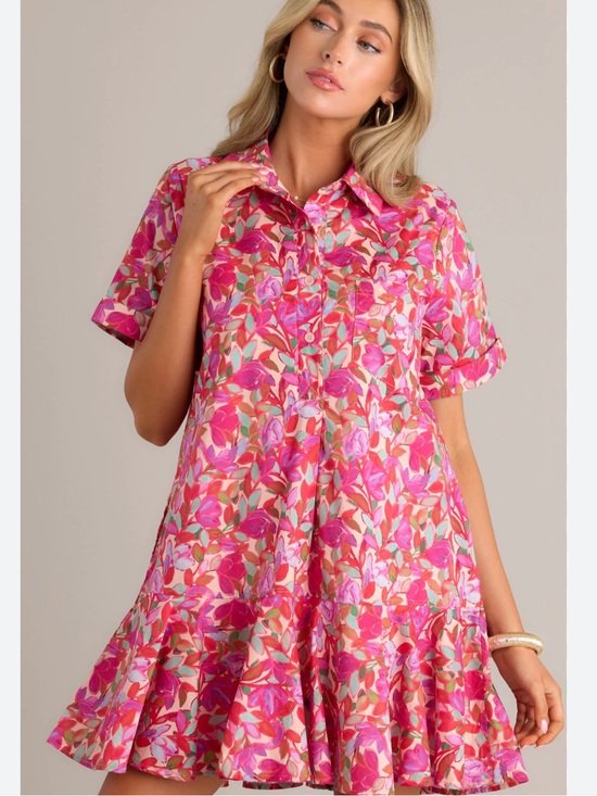 entro Dresses & Skirts - entro Pink Multi Floral Shirt-Collar Ruffle-Hem Mini Dress